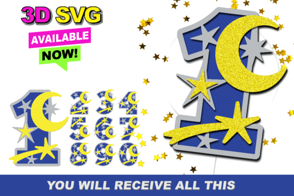 Celestial Design: Moon Stars Numbers 3D SVG