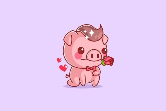 Charming Design: The Cute Pig Wants to Give Roses Vector